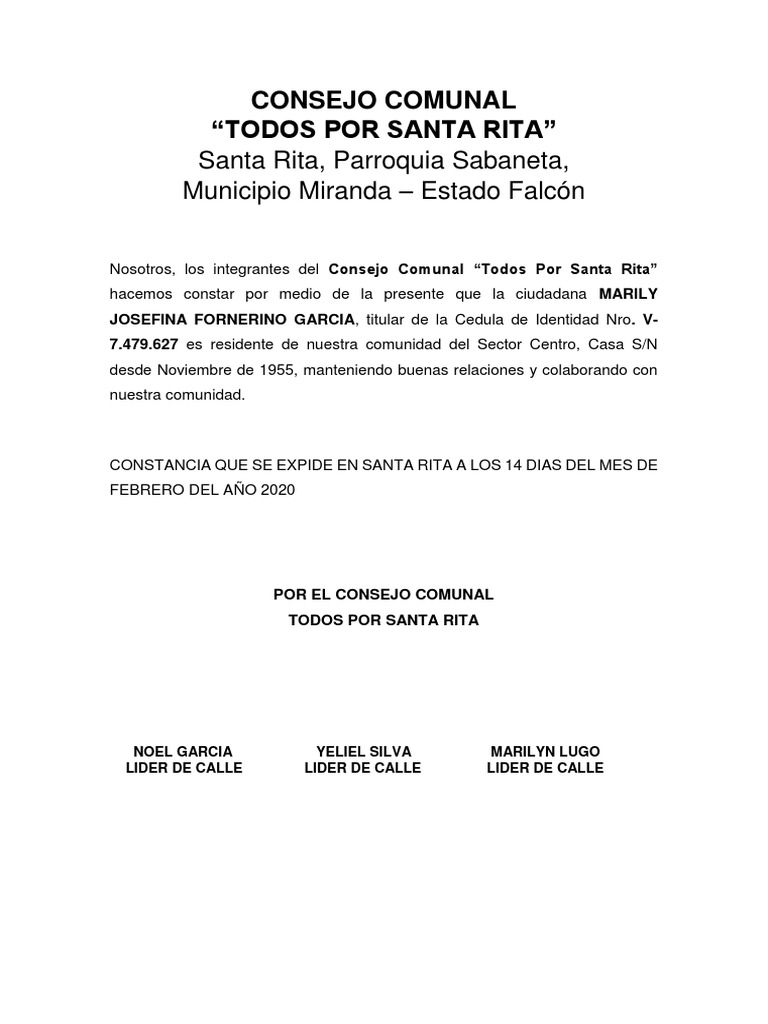 Carta de Residencia Consejo Comunal | PDF