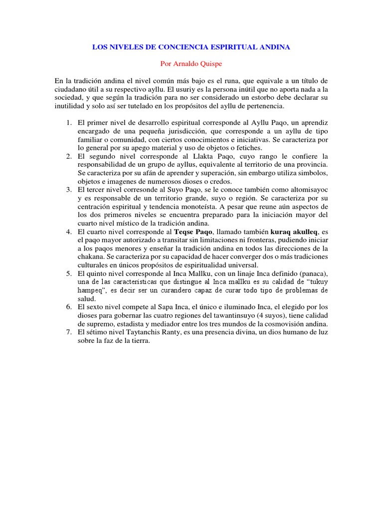 Niveles de Conciencia Espiritual Andina | PDF | Religión y espiritualidad