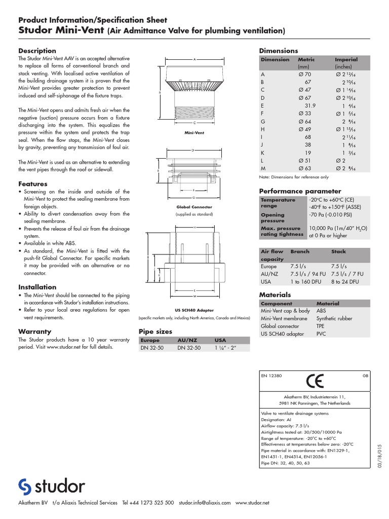 Studor Specification Sheets MiniVent 0318015 PDF