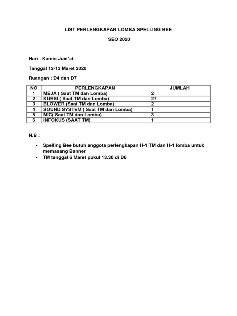 List Perlengkapan Lomba Spelling Bee Pdf