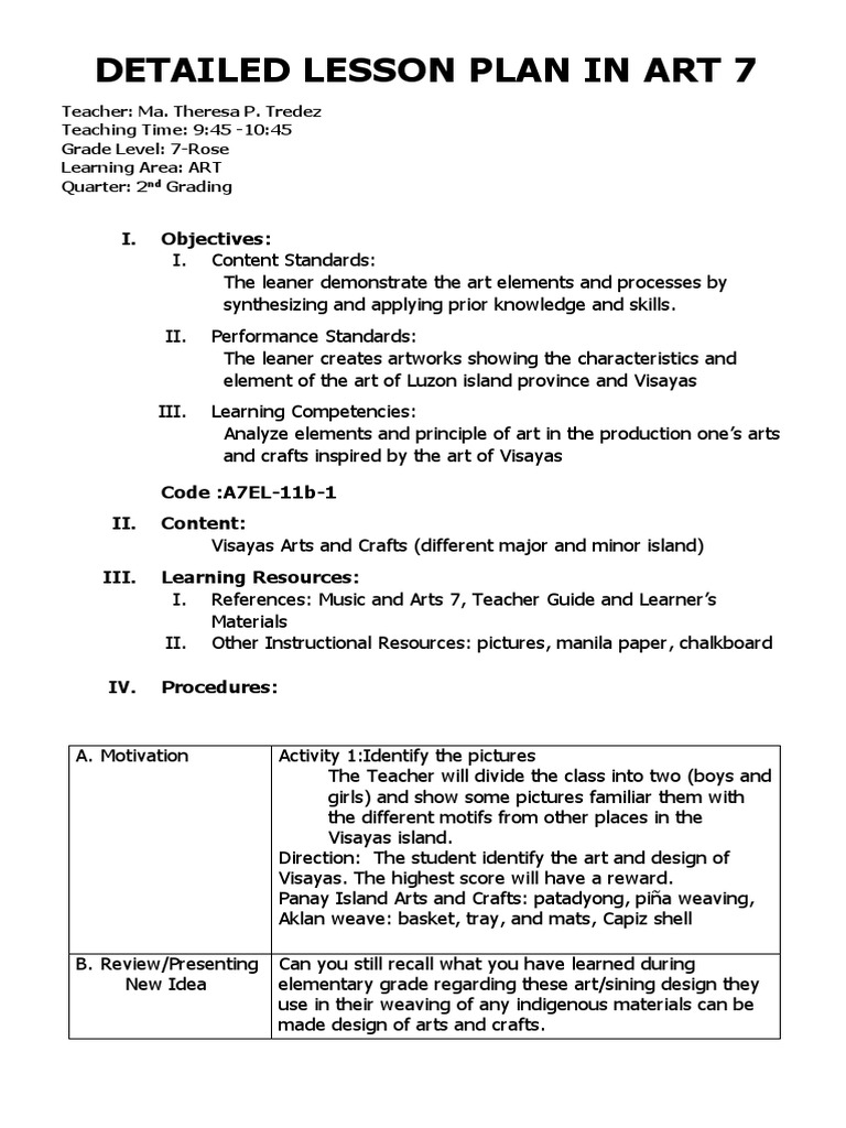 Grade 7 Detailed Art Lesson Plan | PDF