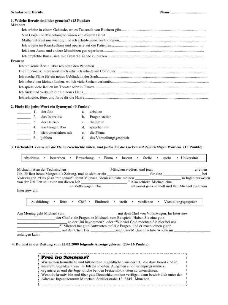 Arbeitsblatt Berufe A2 Pdf