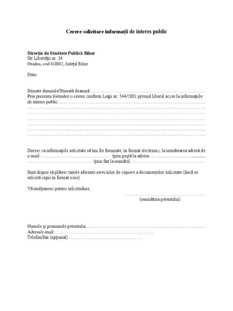 Model Cerere Solicitare Informatii de Interes Public | PDF