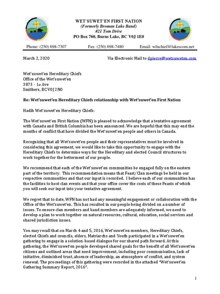 Letter To Office of Wetsuweten From WFN - March 2020 | PDF | Politics