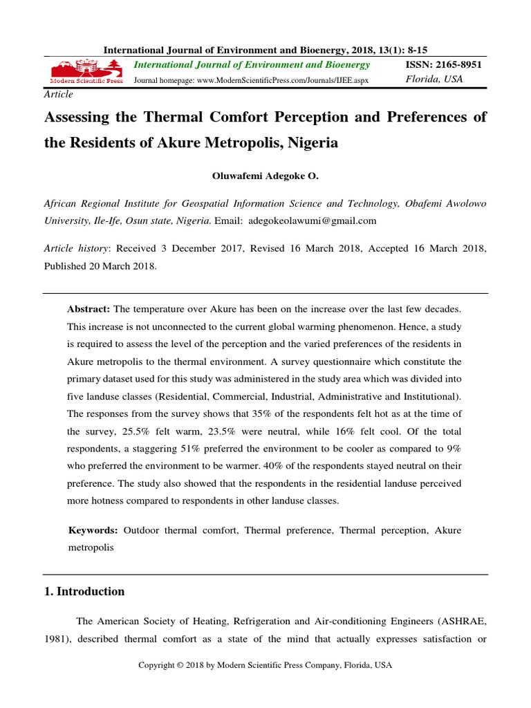 Assessing Thermal Comfort Perception PDF | PDF | Questionnaire | Weather