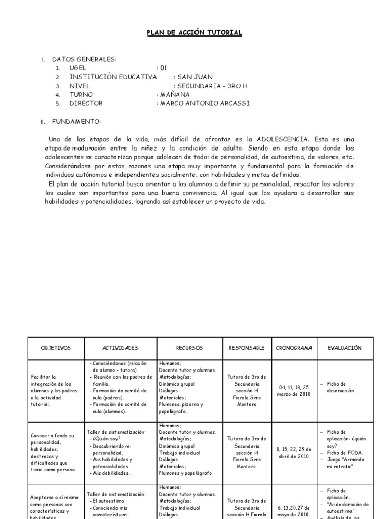 Plan de Accion Tutorial Salón de clases Maestros