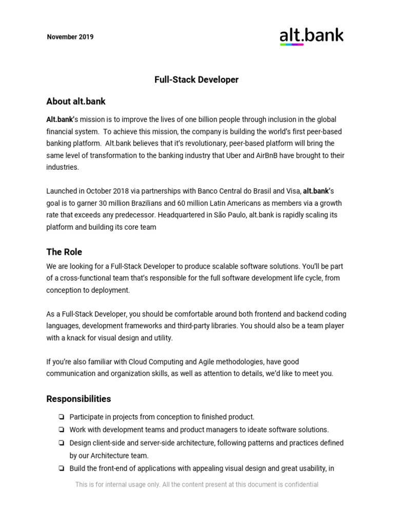 Full-Stack Developer Alt Bank PDF | PDF | Mobile App | Web Application
