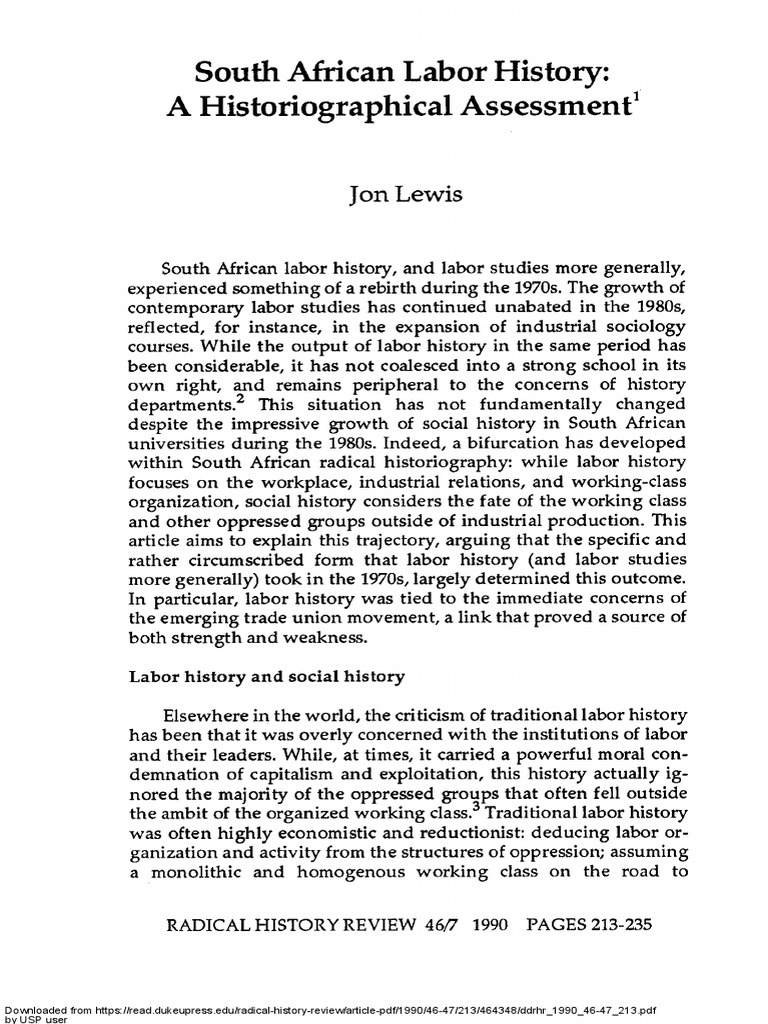 LEWIS, Jon. South African Labour History - A Historiographical ...