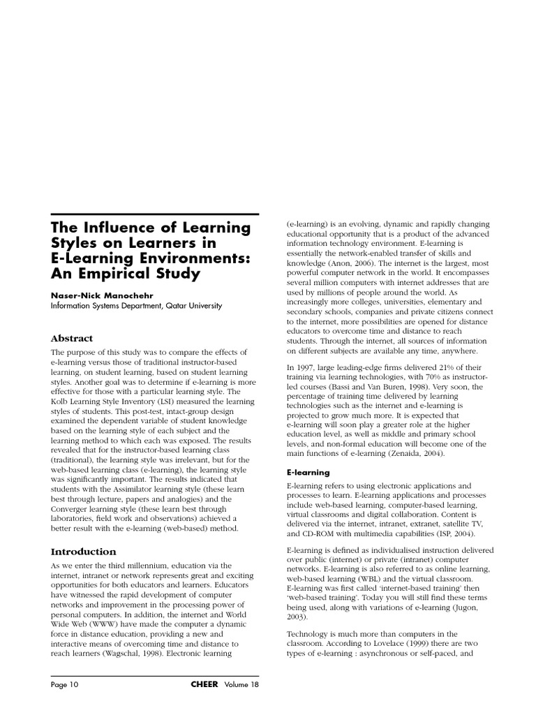 The Influence of Learning Styles On Learners in E-Learning Environments ...