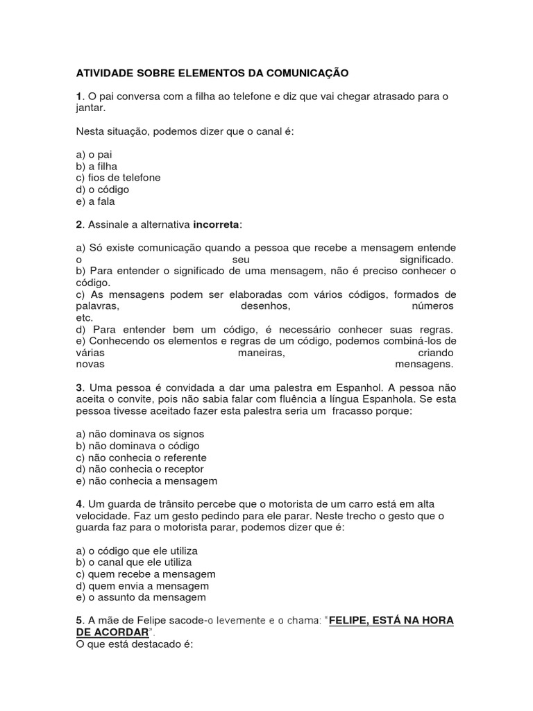 Atividades sobre Elementos da Comunicação | PDF