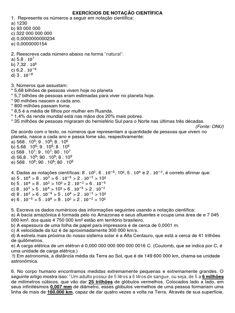 Exercícios de Notação Científica / Potenciação | PDF
