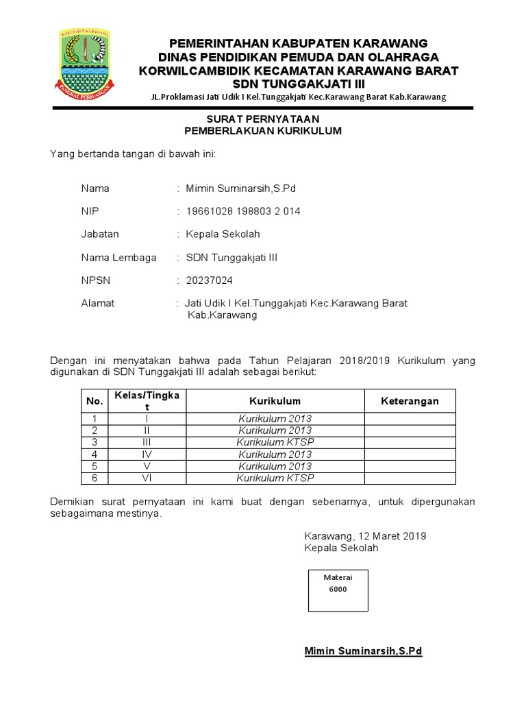 Surat Pernyataan Penggunaan Kurikulum Pdf