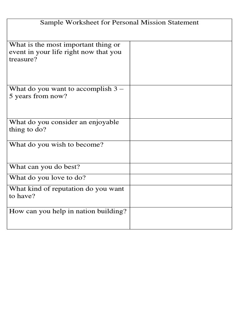 Personal Mission Statement Worksheet | PDF | Self-Improvement
