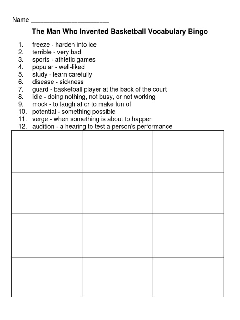 The Man Who Invented Basketball Vocabulary Bingo PDF