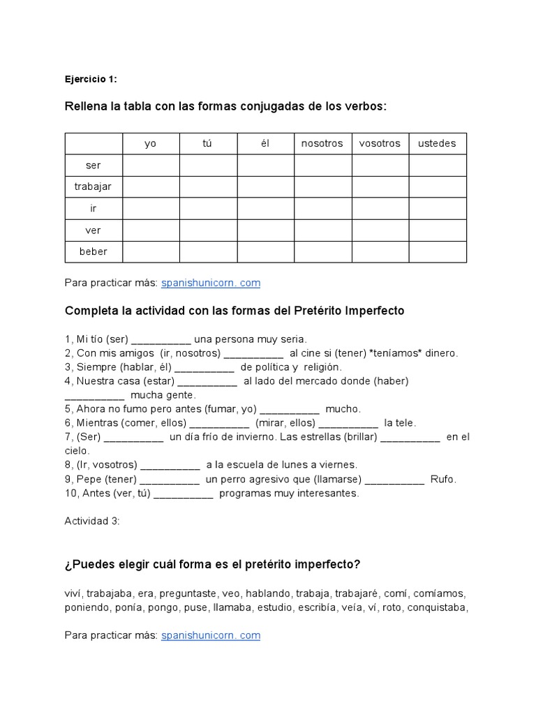 Ejercicios de Pretérito Imperfecto | PDF