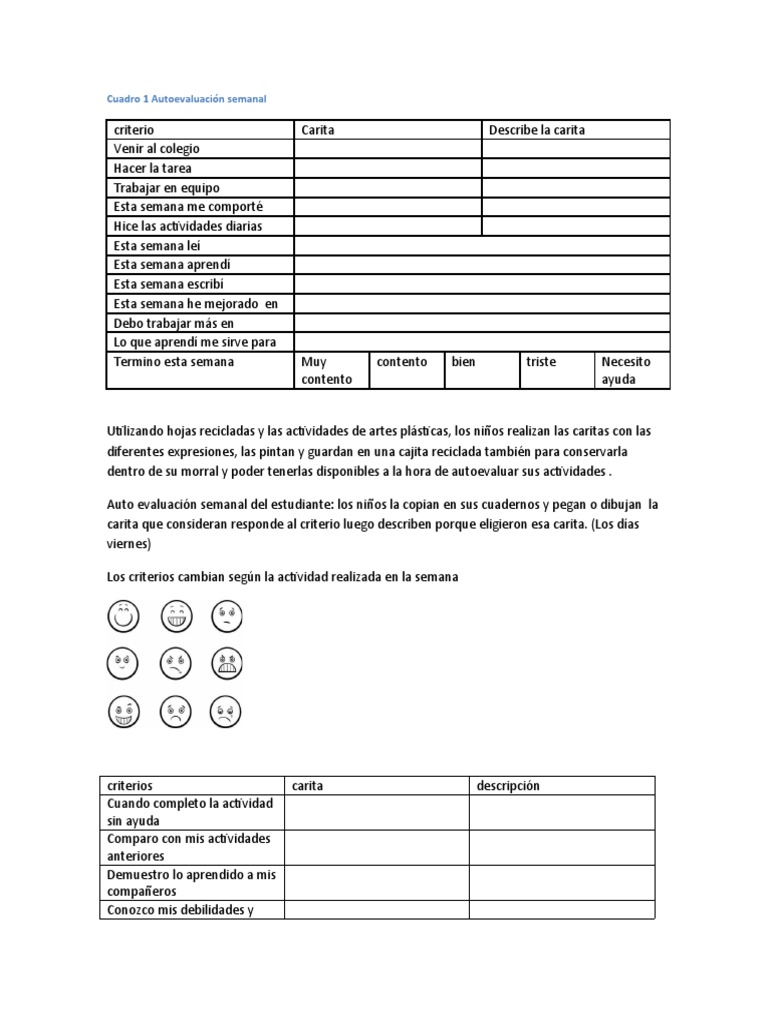 Cuadro 1 Autoevaluación Semanal | PDF | Relaciones personales, crianza ...