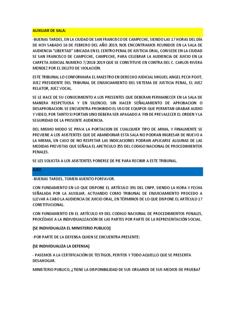 Guion Audiencia de Juicio Oral | PDF