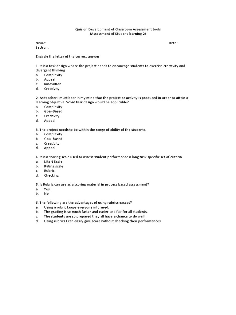 Quiz On Development of Classroom Assessment Tools | PDF
