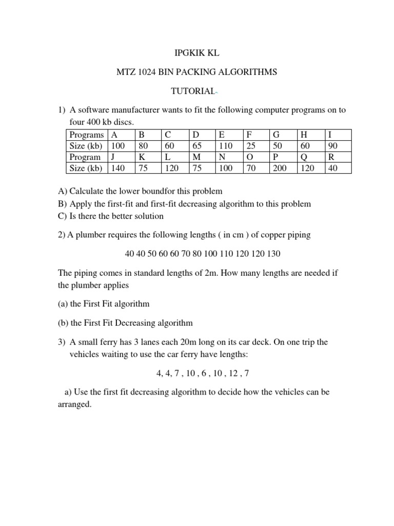 Bin Packing Algorithms Tutorial | PDF