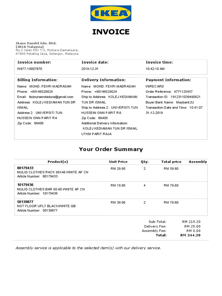 Web Order Invoice W477