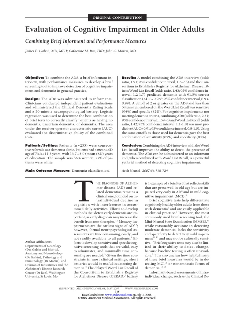Evaluation of Cognitive Impairment in Older Adults | PDF | Dementia ...