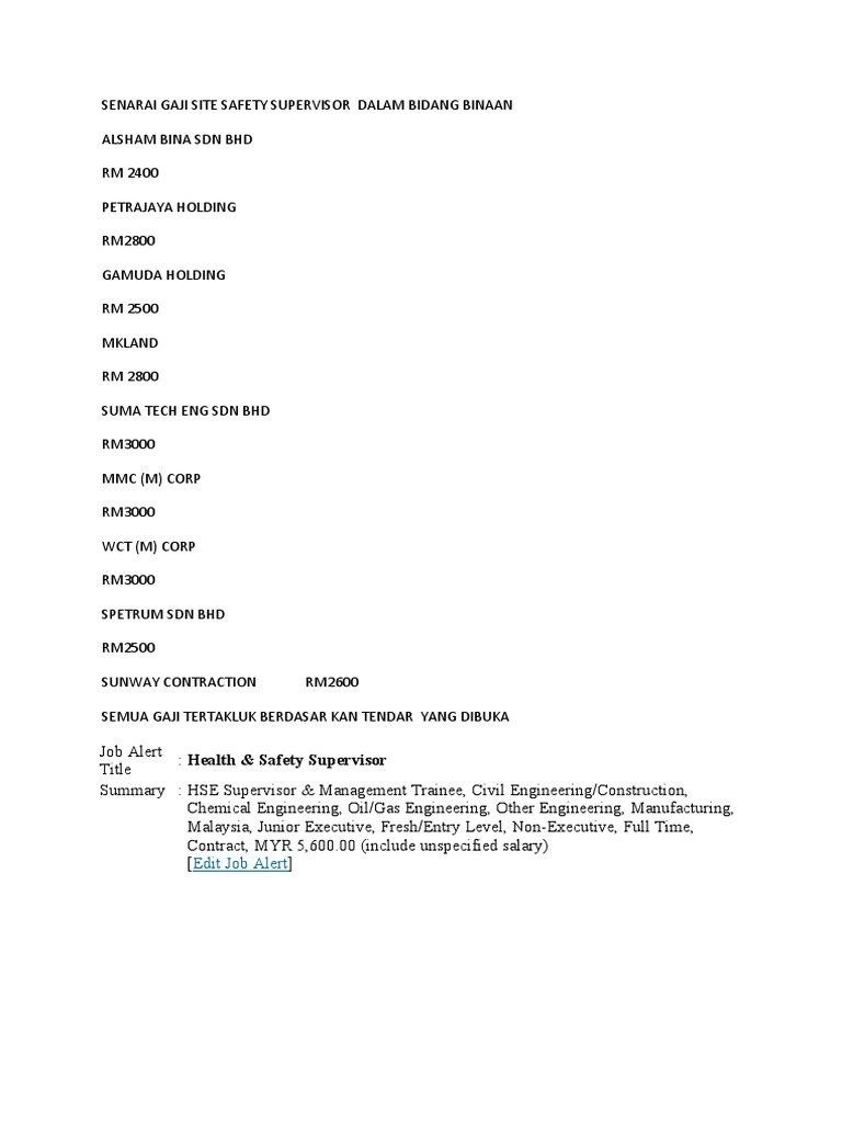 Senarai Gaji Site Safety Supervisor Dalam Bidang Binaan Malaysia