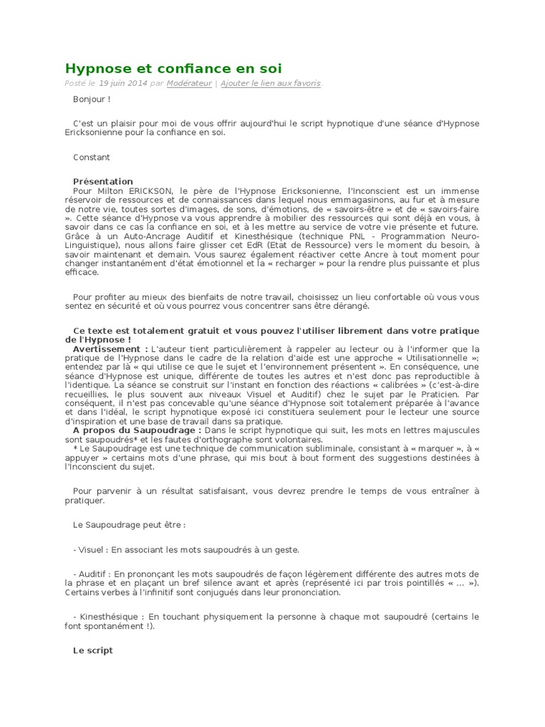 Script Hypnotique Perte De Poids Gratuit Pdf Script Confiance en Soi | PDF