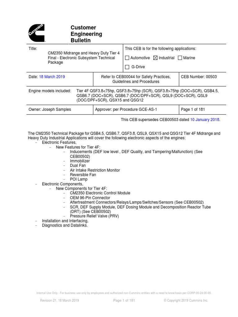 Ceb00503 CM2350 Midrange and Heavy Duty Tier 4 Final - Electronic Subsystem  Technical Package PDF | PDF