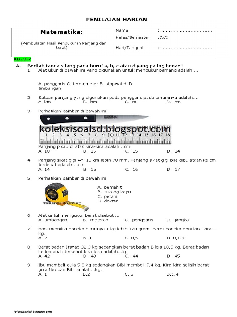 Penilaian Harian Matematika Kelas 4 Semester 1 Pembulatan Hasil Pengukuran Panjang Dan Berat Doc