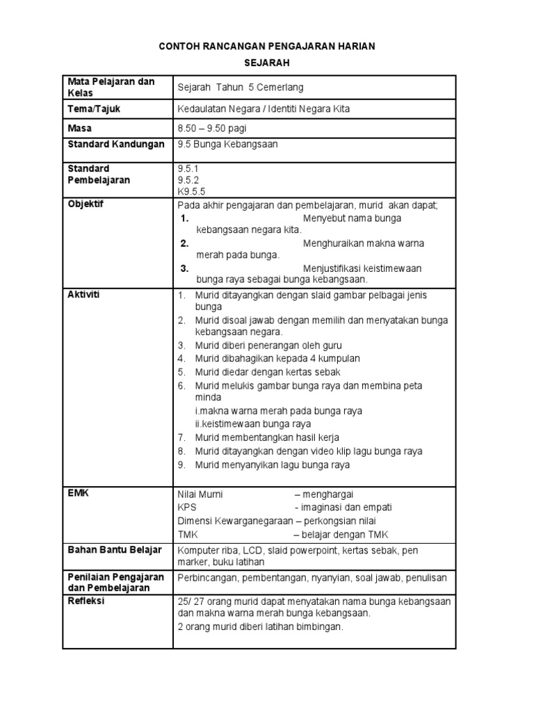 Contoh Rph Sejarah Tahun5