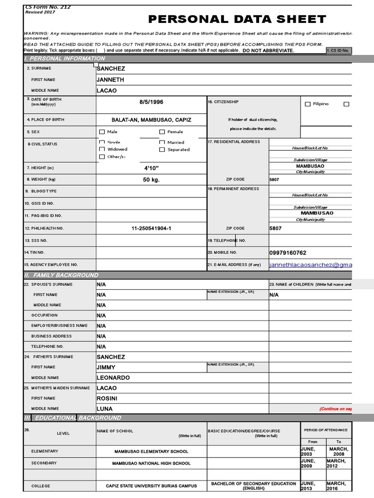 Personal Data Sheet 2020 Updated | PDF