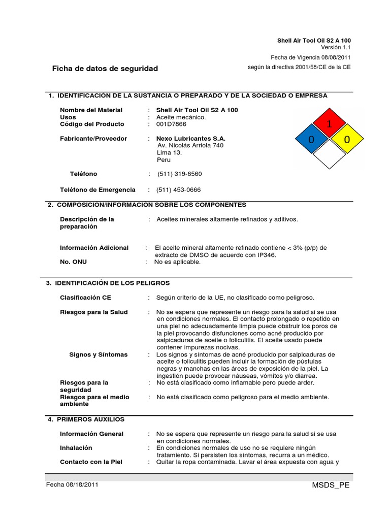 Ficha de Seguridad: Shell Air Tool Oil S2 A 100 | PDF