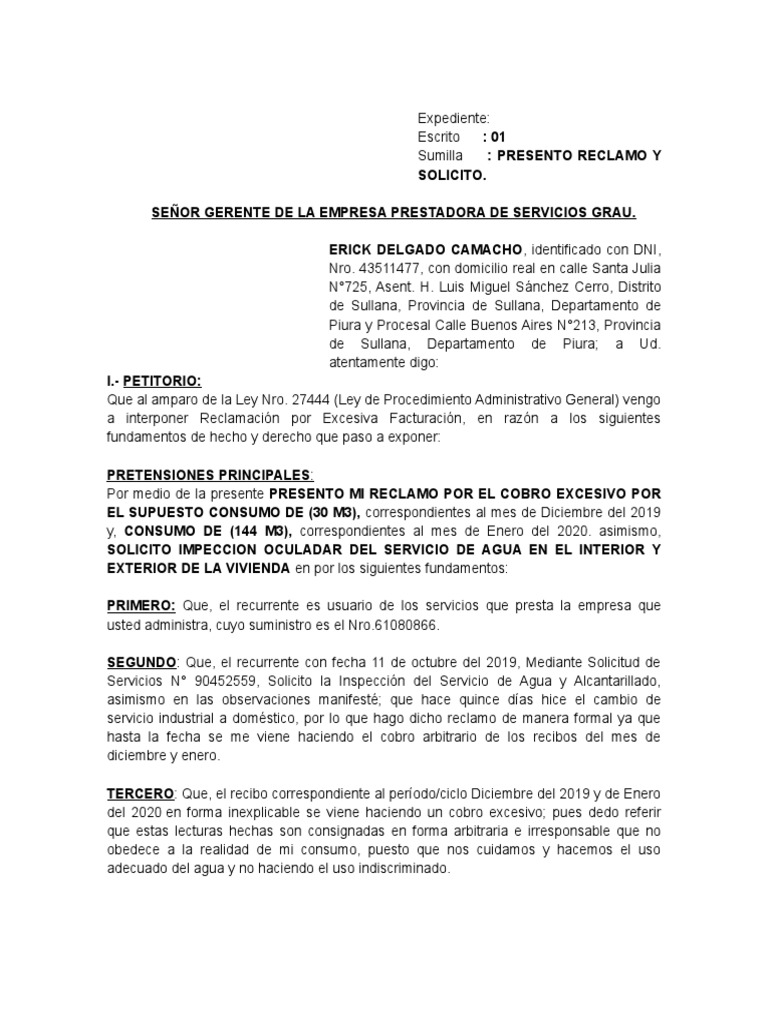 Reclamo por Cobro Excesivo de Agua | PDF