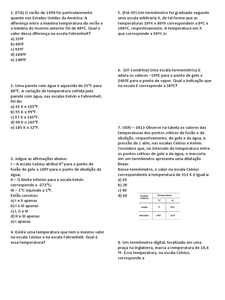 Exercícios de Termometria e Escalas | PDF | Celsius | Termômetro