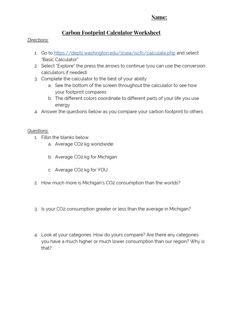 Carbon Footprint Calculator Worksheet 1 | PDF