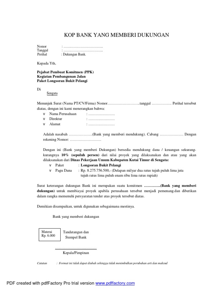 Format Dukungan Bank