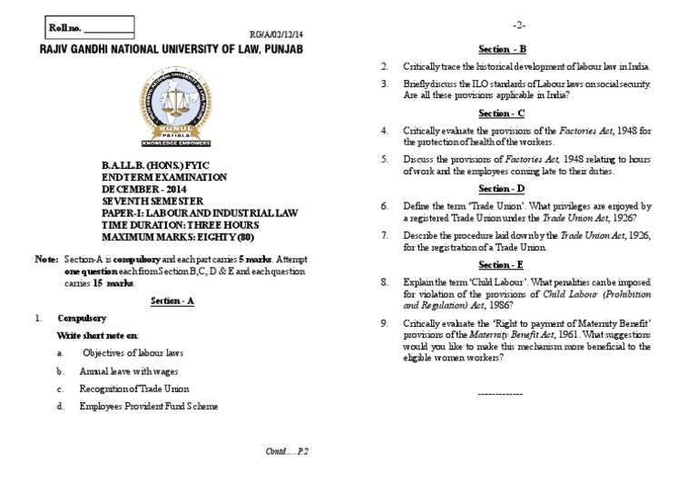 Labour Law Question Paper. PDF