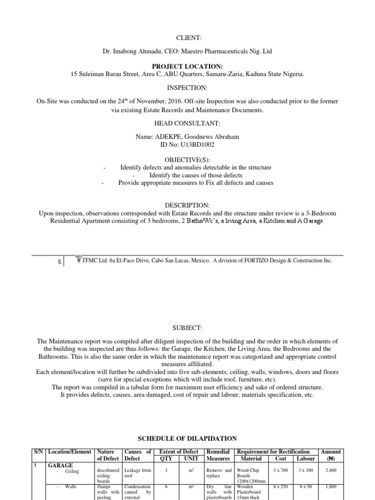 Schedule of Dilapidation Report | PDF