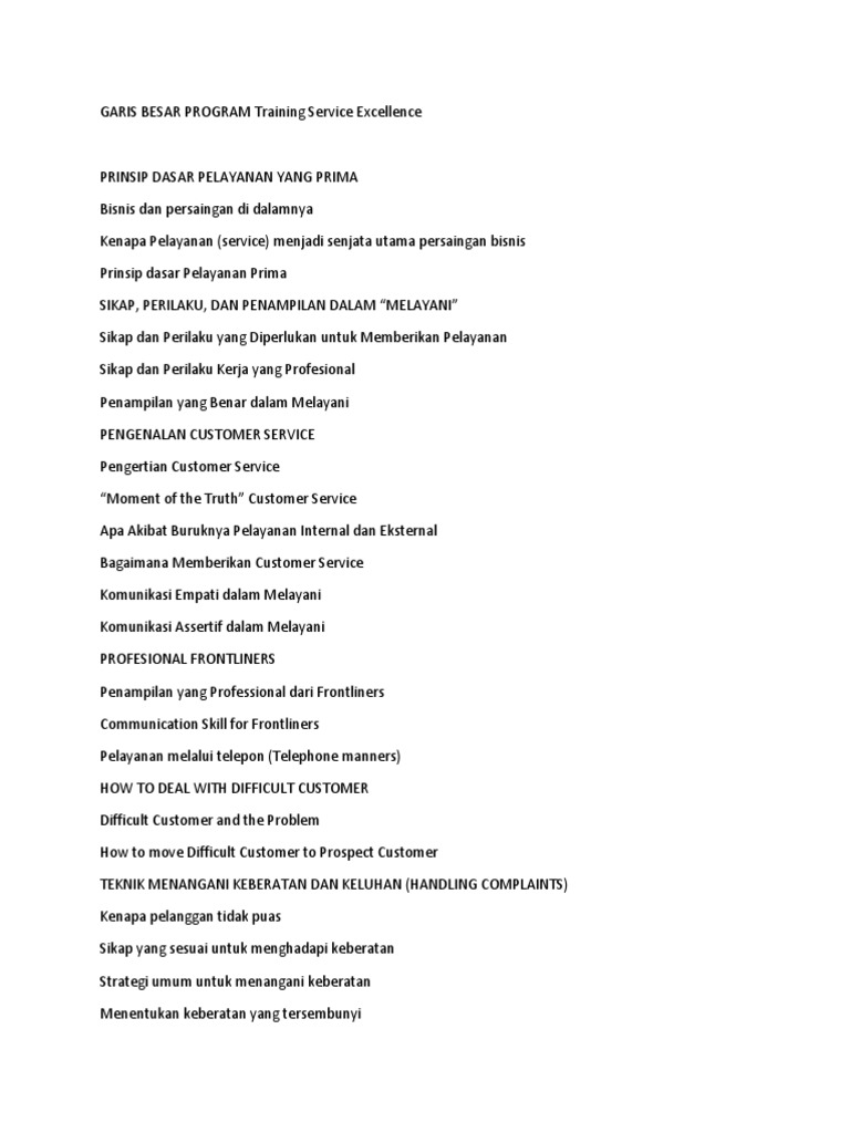 Garis besar program training service excellence pdf