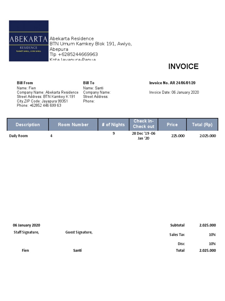 Invoice for Abekarta Residence Stay | PDF