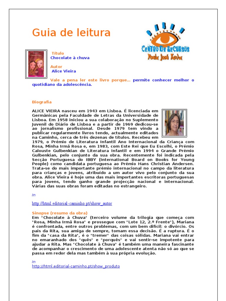 Resumo Da Obra Chocolate à Chuva De Alice Vieira