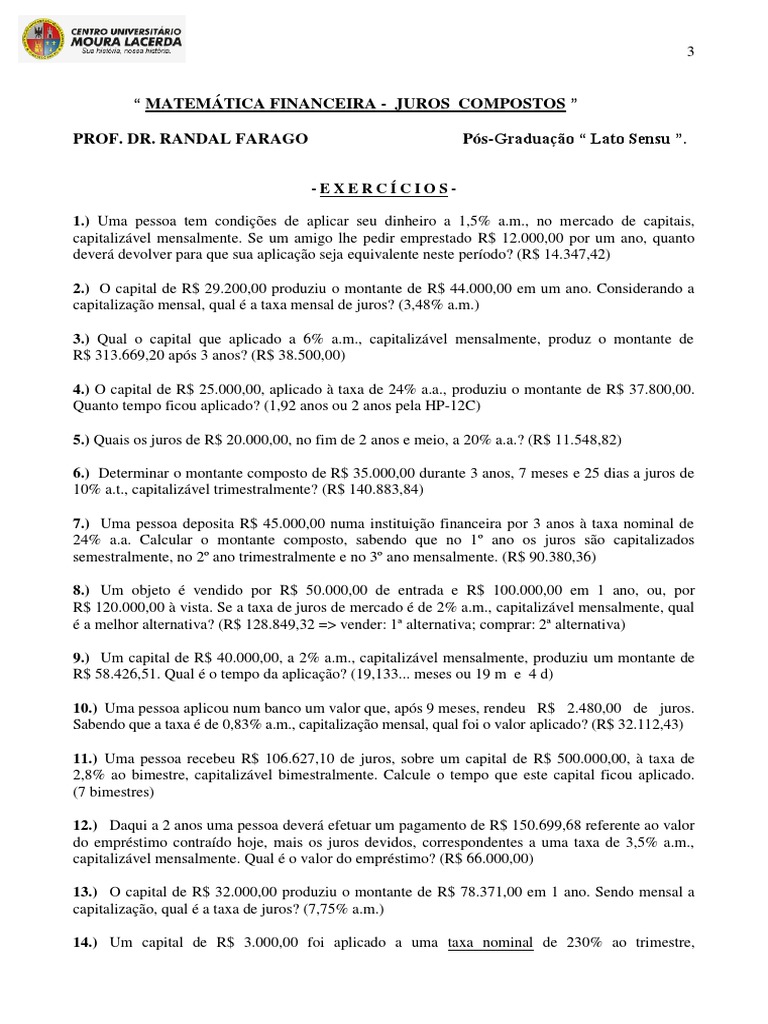Exercícios sobre Juros Compostos | PDF | Negócios | Direito