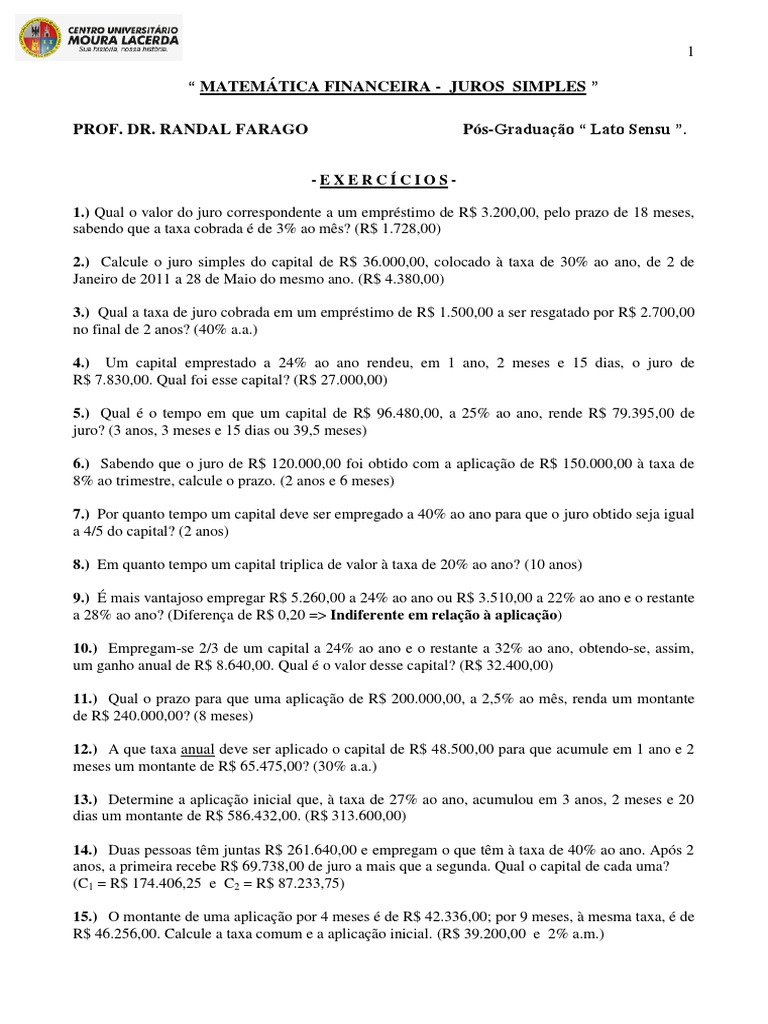 Lista de Exercicios Juros Simples | PDF