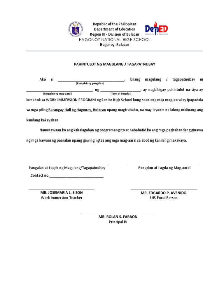 Work Immersion Parent Consent | PDF