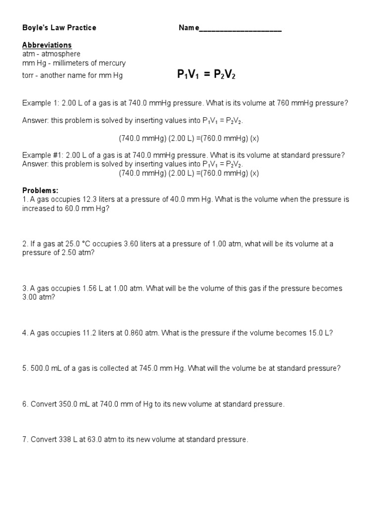 Boyles Laws Practice Worksheets | PDF