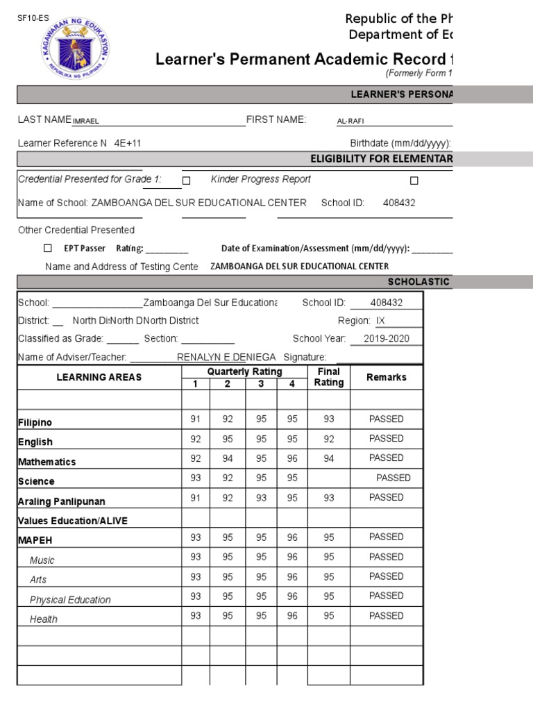 School Form 10 SF10 Learner's Permanent Academic Record for Elementary