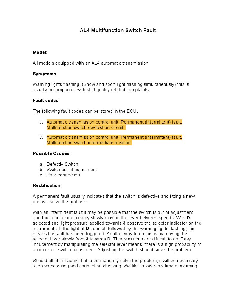 AL4 Multifunction Switch Fault Diagnosis | PDF | Technology & Engineering