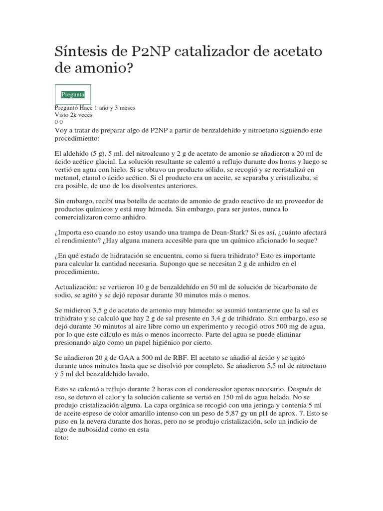 Preparación de P2NP con acetato húmedo | PDF | Ácido acético | Acetato