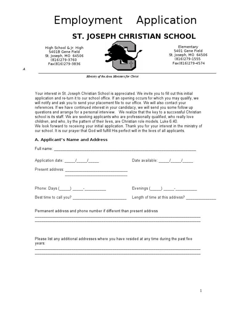 St. Joseph Christian School Employment Application | PDF | Discovery ...