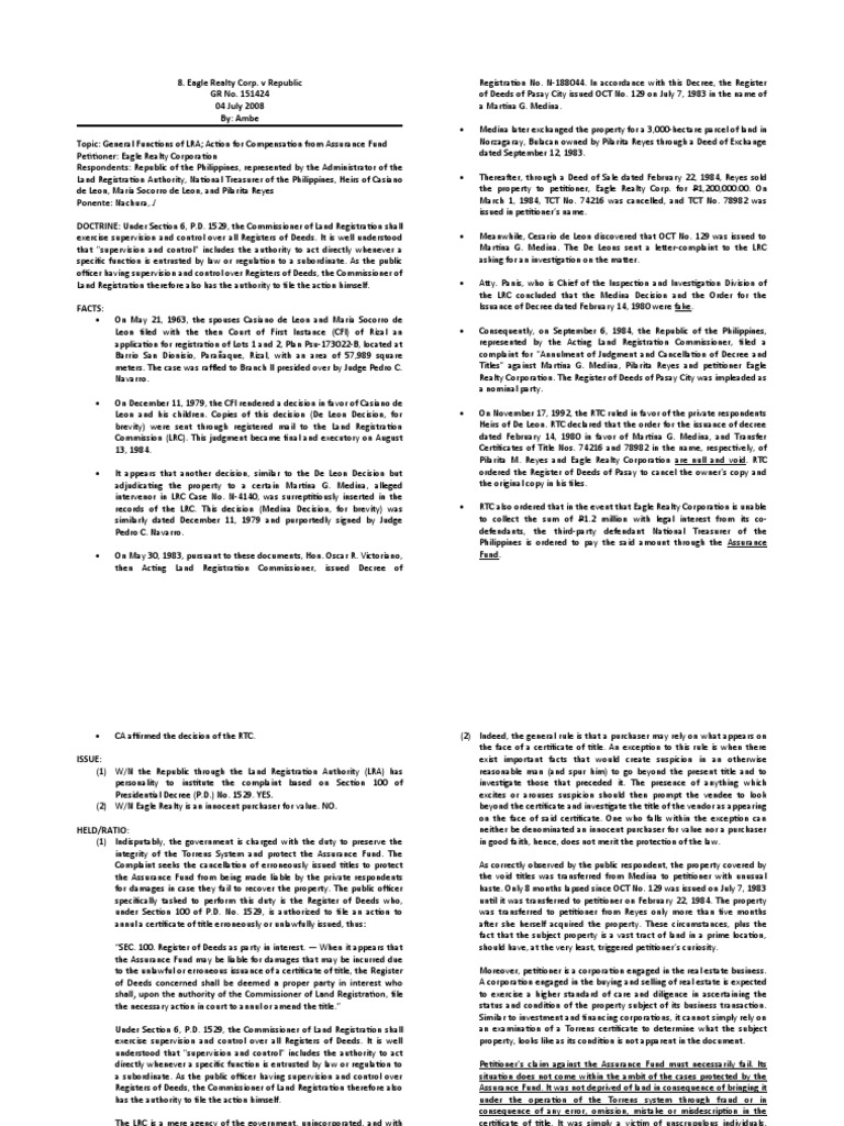 Eagle Realty Corp. V Republic PDF Judgment (Law) Public Law